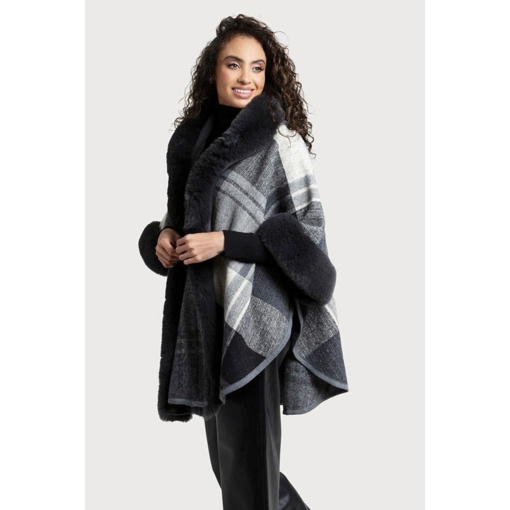 Saachi Kimono Cape Poncho Faux Fur Plaid Gray Black OS NWOT Hood Classic Preppy